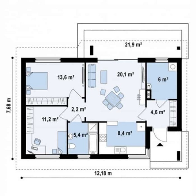 Tham khảo mặt bằng thiết kế nhà cấp 4 2 phòng ngủ mái thái hiện đại 